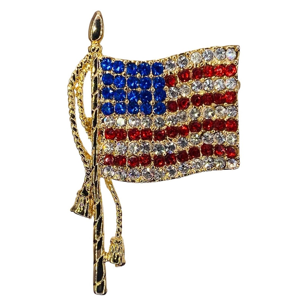 Red White Blue Rhinestone Gold Tone Patriotic American Flag Brooch Pin VTG
